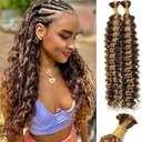 Ubinica No Weft Braiding Hair P4/27 Deep Wave Bulk Human Hair 2 Bundles Sub 100g 16 Inch Deep Wave Bulk Braiding Hair for Boho Braids