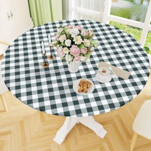 Smiry Round Picnic Tablecloth, Elastic Waterproof Fitted Vinyl Tablecloths for 45"-56" Tables, Flannel Backed Buffalo Plaid Table Cover for Dining, Camping, Outdoor, White and Hunter Green