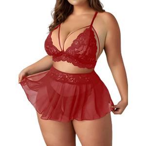 Plus Size 3-Piece Lingerie Babydoll for Women Lace Chemise Sleepwear (Red, XL)