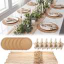 Frienda Set of 6 Boho Table Placemats Round Woven Place Mats Matching Linen Textured Napkins Wood Bead Napkin Rings and 1 Pcs Beige Table Runner for Home Farmhouse Kitchen Dining Natural Decor