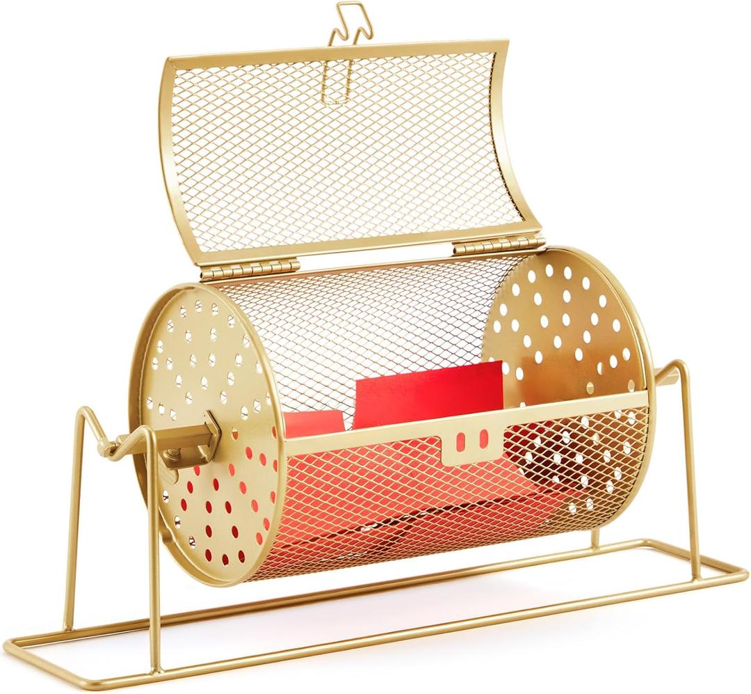 7.09" x 4.72" Small Raffle Drum Upgraded Ticket Spinner Holds 600 Tickets Raffle Wheel Spinner with Stand Drum Cage for Games Events(Gold)