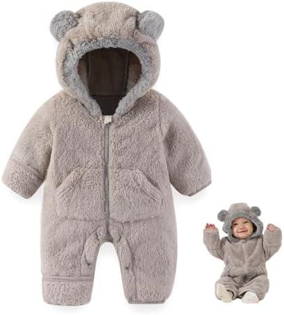 AiWMGL Newborn Baby Bear Outfit Suit With Fold-Over Mittens Footies Girls Boys Winter Fleece Clothes Hooded Romper Snowsuit 0-3 Months