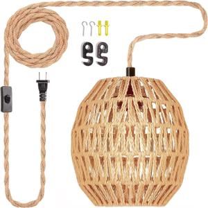 Hanging Lamps Rattan Pendant Light Hanging Lights 16.4ft Plug in Cord Pendant Light Fixture Plug Into Wall Outlet Pendant Lighting with On Off Switch for Bedroom Living (Egg Shade)