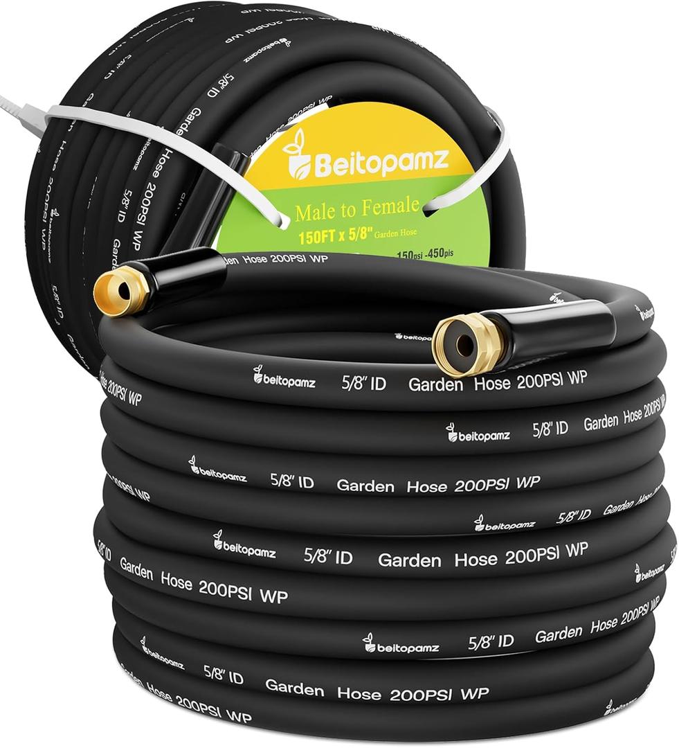 Beitopamz 150 ft Garden Hose, 5/8 in Heavy Duty Water Hose, Flexible and Durable, Lightweight Rubber Hybrid Hose, Leak-Free Connections, Male to Female 3/4'' Brass Fittings for Patio, Lawn, Black