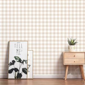 Plaid Peel and Stick Wallpaper 17.7''x78.7'' Beige Plaid Contact Paper Boho Checkered Wall Paper Self Adhesive Vinyl Removable Wallpaper for Bedroom Nursery Living Room
