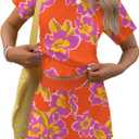 TCOT Pajamas for Women Set Summer Fashion Short Sleeve Crewneck Tops with Skirt Sets Pajama Casual Loungewear (Small, A Orange Purple Floral)