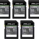 PNY 32GB Elite Class 10 U1 V10 SDHC Flash Memory Card - 100MB/s Read, Class 10, U1 Full HD, UHS-I, Full Size SD (Pack of 5)