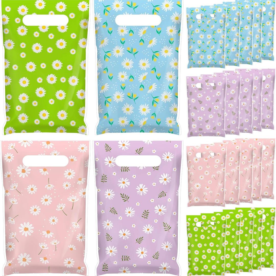 Gilprop 48 Pcs Small Spring Daisy Treat Bags Bulk Plastic Flowers Goodie Gift Bags with Handle, Floral Candy Party Favor Bag for Snack, Spring Summer Birthday Wedding Party Supplies, Macaron Colors