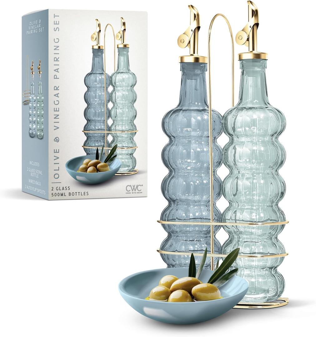 COOK WITH COLOR Glass Olive Oil Bottle Dispenser - 2 Pack- 17oz Oil and Vinegar Cruet - Olive Oil Carafe Decanter for Kitchen, Elegant Waves, Blue