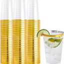 FOCUSLINE 100 Pack 12 oz Gold Rimmed Plastic Cups, 12 Ounce Clear Plastic Tumblers, Heavy-duty & Fancy Disposable Hard Cups with Gold Rim for Wedding