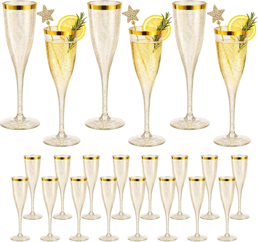 24 Pack Gold Rim Plastic Champagne Flutes Bulk, 6.5 OZ Clear Plastic Champagne Flutes Disposable, Elegant Shatterproof Glasses Perfect for Weddings, Parties, Picnics, Wine and Cocktails
