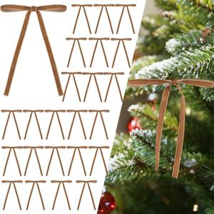 24 Pcs Velvet Bows for Christmas Tree and 12 Feet Wooden Beads Ornaments, 5x7 Inch Vintage Christmas Velvet Ribbon Bows for Xmas Garland Wreath Gift Wrapping Holiday Home Party Decorations (Khaki)