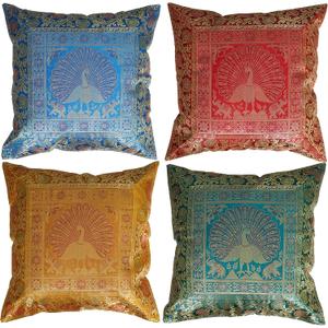 Ethnic Hand Embroidery Peacock Design Decorative Silk Cushion Cover for Sofa (Multi Color Set of 4, 16x16 Inches) Outdoor Cushion Covers for loveseat