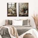 2Pcs Farmhouse Daisy Wall Art Country Bathroom Painting Wall Decor Rustic Daisy Canvas Posters Vintage Farmhouse Flowers Prints Pictures for Bathroom Bedroom Living Room Decor Framed