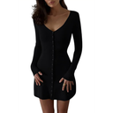 Women Fall V Neck Button Front Knit Mini Dress Elegant Long Sleeve Ribbed A-Line Short Dress. Size S