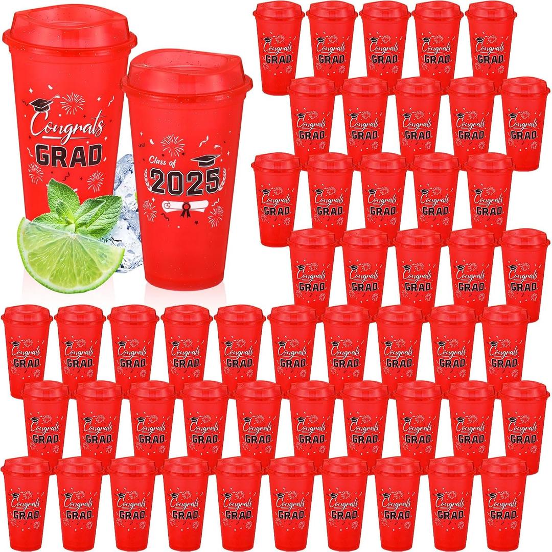 Skylety Pack of 50 Graduation Cups 2025, 16 oz Reusable Coffee Plastic Cups with Lids Graduation Party Cups for Grad Party Supplies Decorations Graduation Gift for Students Friends Classmates (Red)
