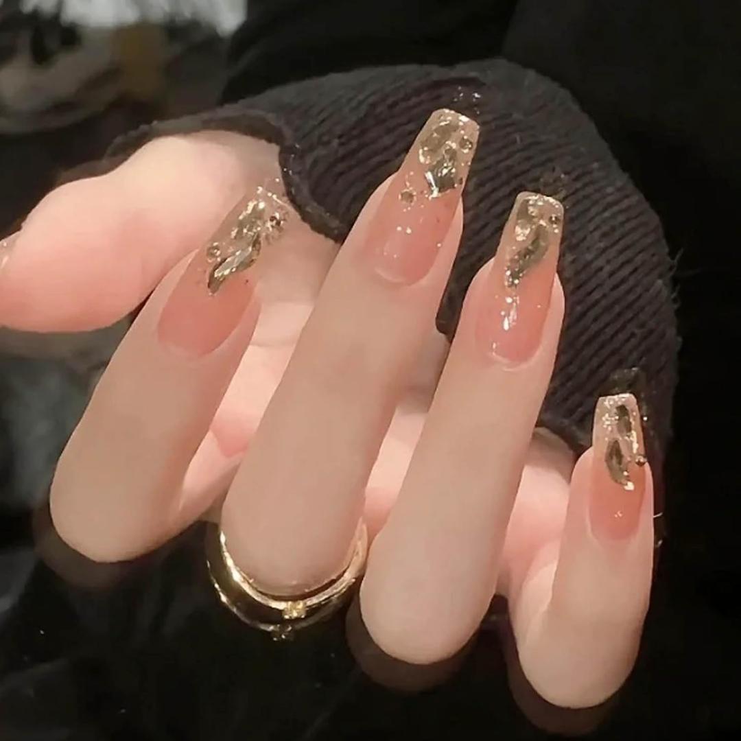 Hkanlre Bling Coffin Press on Nails Fake Nails Tips Full Cover Medium False Gradient Nails for Women and Girls 24PCS (Gold Coffin)