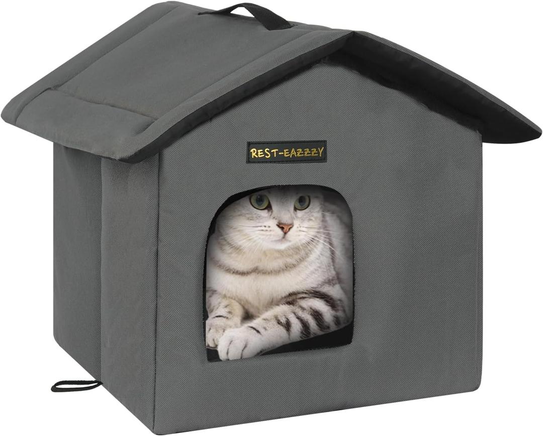 Rest-Eazzzy Cat House for Outdoor Cats, Weatherproof and Insulated Feral Cat House with Mat and Clip, Easy to Put Together, Selfwarming Cat Shelter for Winter (Grey, Waterproof House-S)