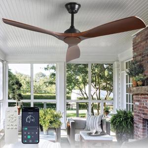 Ceiling Fan Without Light: 52 Inch Outdoor Fan for Patios - Walnut Ceiling Fan No Light Indoor - Modern 3 Blade Fan with Remote APP Control Reversible 6 Speed Noiseless