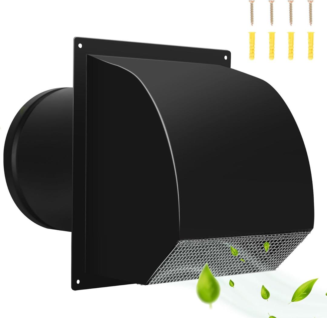 8 Inch Hooded Wall Vent with Screen& Damper, Arc-Shaped Wall Exhaust Vent Cover Cap Suit for Residential Housing, Kitchen Range and Outside Air Exhaust, Galvanized Steel, Black
