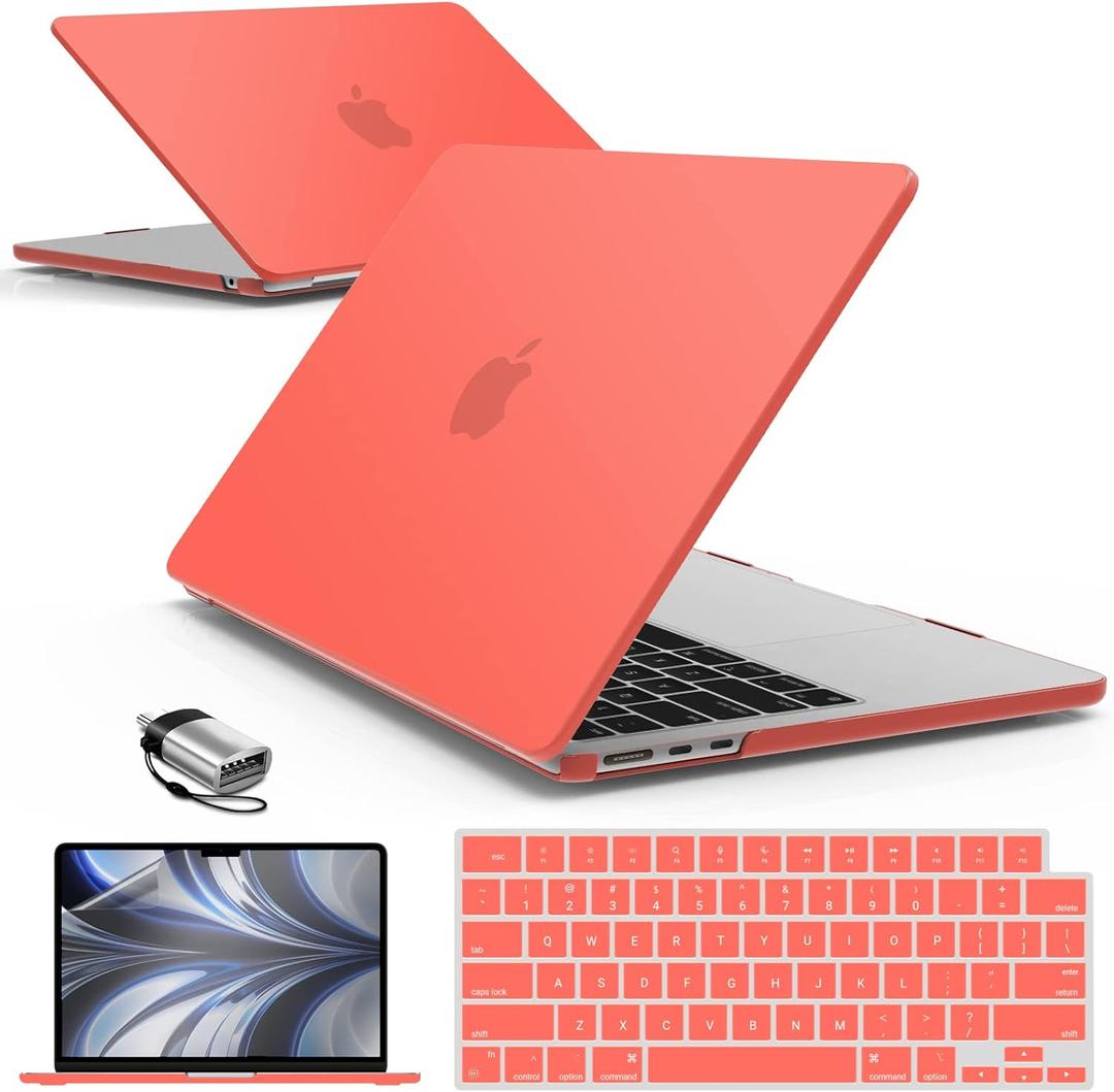 IBENZER Compatible with 2025 2024 2023 2022 MacBook Air 13 inch Case M4 A3240 M3 A3113 M2 A2681, Hardshell Case & KeyboardCover & ScreenFilm & Type-C for Mac Air 13.6, Coral Orange, AT13-KK-LCOR+2TC