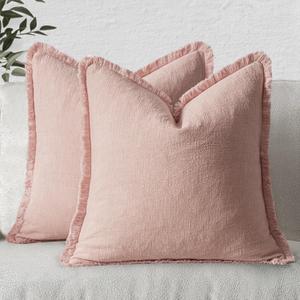 MIULEE Decorative Throw Pillow Covers Neutral Linen Fringe Throw Pillows Set of 2 Pink Boho Farmhouse Cushion Covers with Tassels for Couch Sofa Bed Living Room Spring Home Decor 20x20 Inch (20" x 20" (Pack of 2))