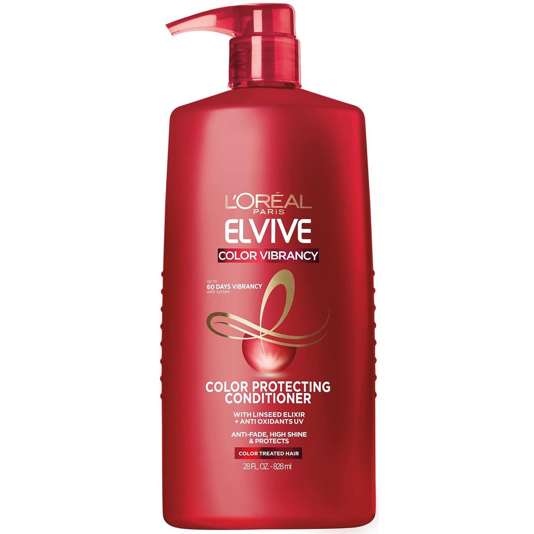 L'Oreal Paris Elvive Color Vibrancy Protecting Conditioner, for Color Treated Hair, Conditioner with Linseed Elixir and Anti-Oxidants, for Anti-Fade, High Shine, and Color Protection, 28 Fl Oz (RED)