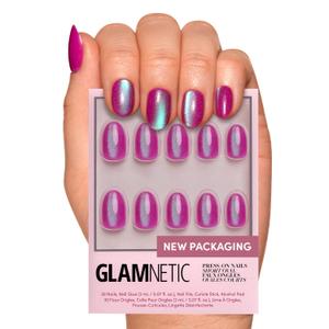 Glamnetic Press On Nails - Berry Fizz | Short Oval, Magenta Nails with a Mesmerizing Metallic Finish | 15 Sizes - 30 Nail Kit with Glue