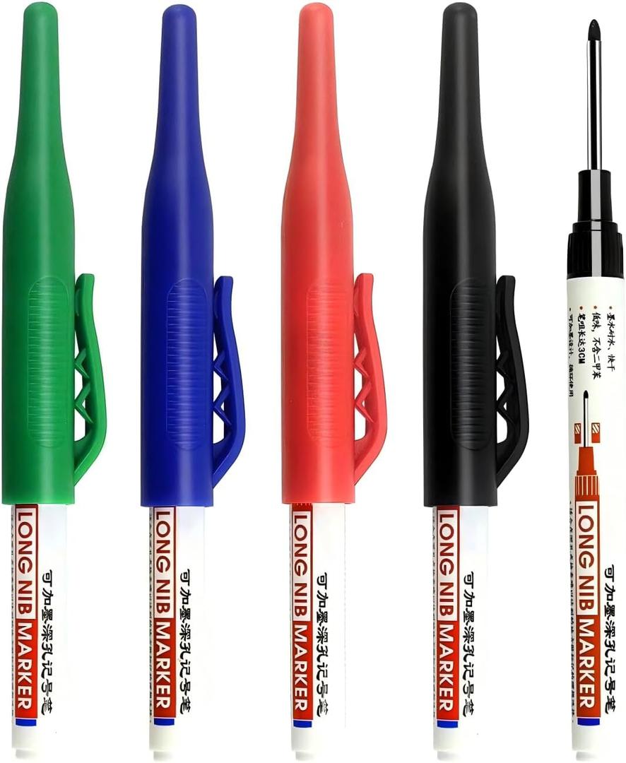 2 x 8Pcs Long Head Deep Hole Markers Pens 33mm Long Nib Marker Waterproof Permanent Ink Multi Purpose Quick-Dry Construction Markers Deep Drill Long-nose Marker for Woodworking Decoration