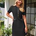 MEROKEETY Women's Summer Bodycon Sweater Dress Business Casual Outfis Short Sleeve Knit Button Formal Elegant Work Dress (Black), Large