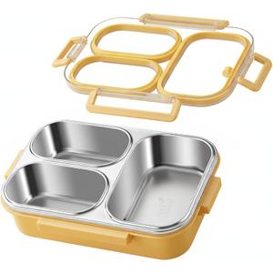 304 Stainless Steel Lunch Box for Adults & Kids, 25oz Leakproof Metal Bento Box with 3 Compartments, BPA-Free, Reusable & Dishwasher Safe Food Container for School,Office,Picnic,Travel(Yellow)