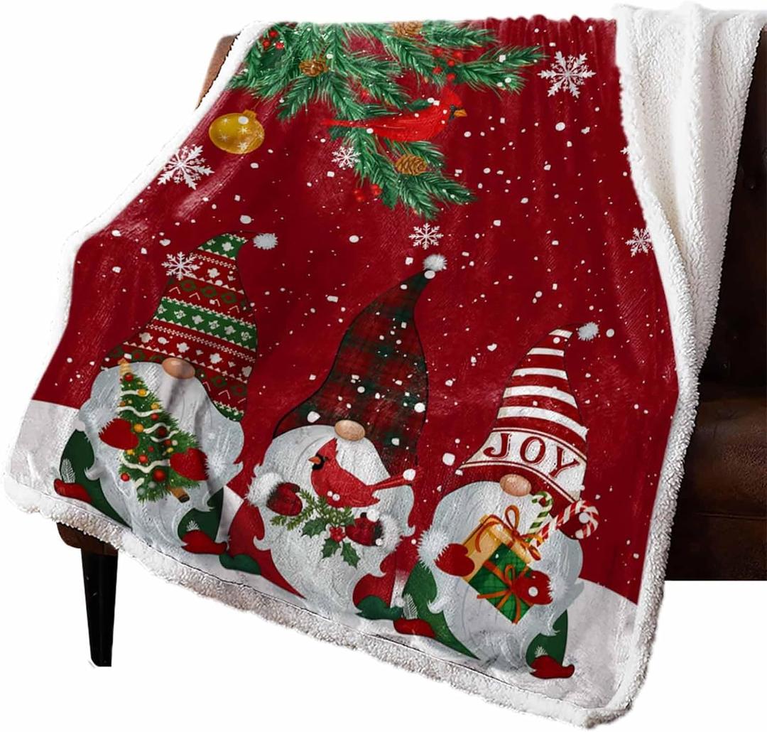 Chic D Sherpa Bed Throw Blanket(Fleece) Red Christmas Gnome Cardinals Snowflake, Ultra Soft Couch Throws Blanket for Women/Kids, Merry Xmas Fuzzy Cozy Plush Warm Microfiber Blankets (Full, 50x60inch)
