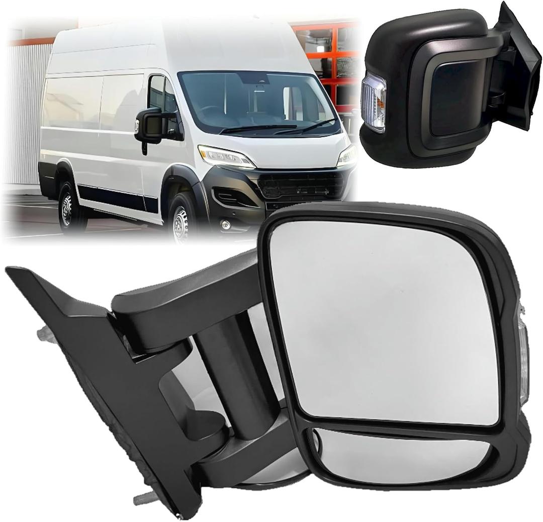 Passenger Side Mirror (Long Arm) Compatible with 2014-2023 Ram Promaster 1500 2500 3500/With Heated,Turn Signals Light,Power Adjusted Glass/Textured Black,8Pins