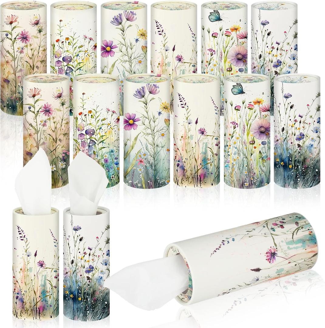 Layhit 12 Pcs Car Tissues Round Facial Tissues Boxes Vintage Floral Printed Travel Cylinder Cube Holder Bulk for Car Cup Holder(Flowers)