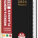 2026 Planner, Weekly and Monthly Planner, January 2026 - December 2026, Hardcover 2026 Calendar Planner Book with Tabs For Women & Men, Inner Pocket, Spiral Bound, Perfect for Office Home School Supplies - A4 (8.5" x 11"), Black