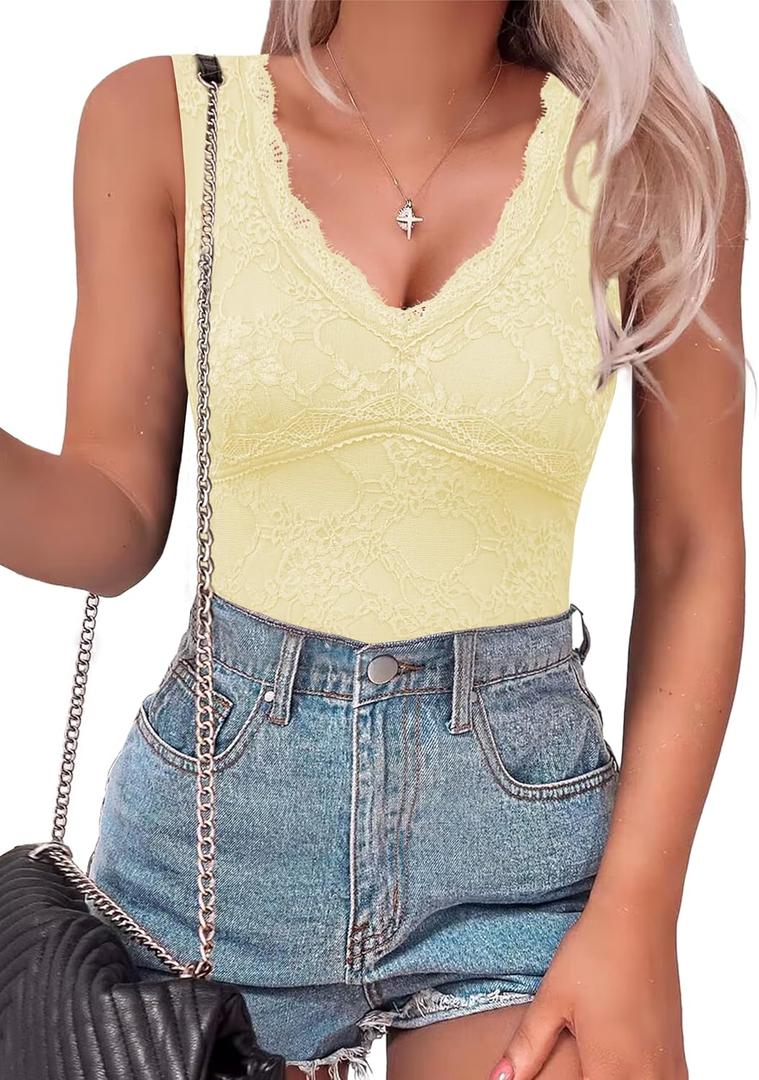SAUNGKUAI Women's V Neck Sleeveless Bodysuit Going Out Body Suit Tank Tops 2025 Lace Trendy Outfits (Yellow, M)