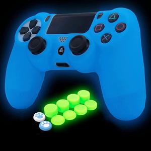 Blue Controller Skin Silicone Grip Glow in Dark Protective Case Compatible with PS4/Slim/Pro Controller with 8 Glow in The Dark Thumb Grips Caps + 2 Cute Cat Paw Thumb Grips Caps.