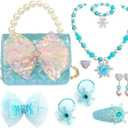 Girl Handbag Purse for Little Girls Kids Pretend Play Dress Up Necklace Hair Accessories Jewelry Set, Light Blue