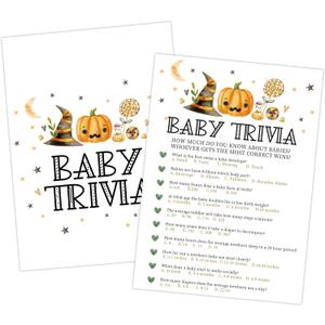 Halloween Baby Shower Trivia Game, 30pcs Witch Hat Pumpkin Gender Reveal Games Cards, Baby Shower Activities for Guests, Halloween Gender Reveal Decorations Party Favors (Orange Black)