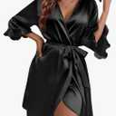 Ekouaer Women's Satin Robe Valentines Lingerie for Women Kimono Bathrobe Short Ruffle Belted Robes Bridesmaids Sleepwear Small, Black 