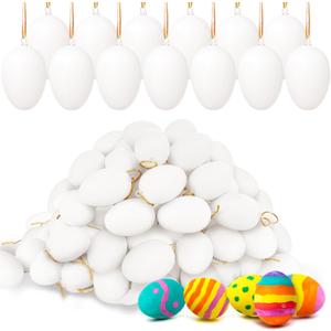 Jnnzzggu 80 Pcs Hanging White Eggs for Decorating,Plastic White Fake Eggs with gold thread,Faux Fake Egg for DIY Crafts,Painting,Party,Home Decor,Kitchen