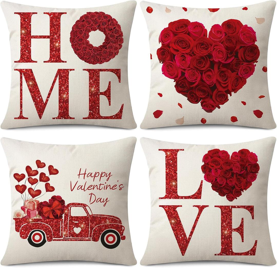 Valentine's Day Throw Pillow Covers 18x18 Inch Set of 4 Home Love Red Rose Heart Truck Valentine's Day Anniversary Wedding Cushion Case Decoration for Sofa Couch Living Room