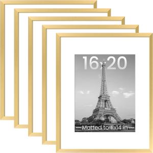 Upsimples 16x20 Picture Frame Set of 5, Display Pictures 11x14 with Mat or 16 x 20 Without, Wall Gallery Poster Frames, Gold