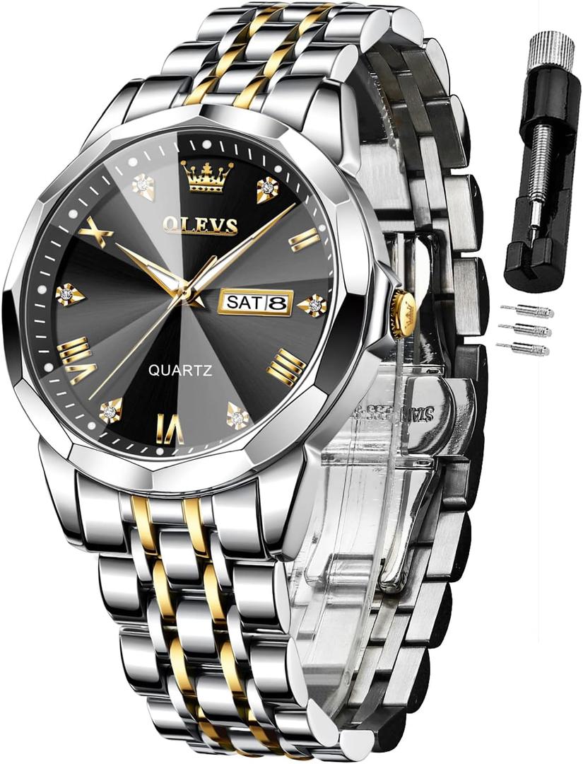 OLEVS Watch for Men Diamond Business Dress Analog Quartz Stainless Steel Waterproof Luminous Date Two Tone Luxury Casual Wrist Watch