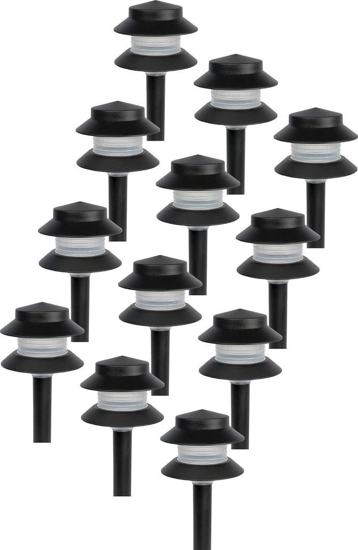 GreenLighting 35 Lumen Modern 2-Tier Low Voltage Path Light - Outdoor 2.5 Watt Landscape Light (12 Pack, Black)