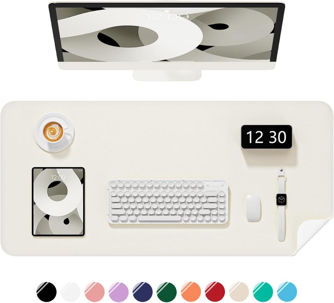 Desk Pad, 23.6" x 13.8" PU Leather Non-Slip Desk Mat Large Mouse Pad for Desktop, Waterproof Laptop Computer Writing Mat for Office, Home, Work, Gaming, Ivory White