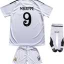 Pitch and Trek Madrid 24/25 Home Kids Soccer Jersey Shirts Football Futbol Socks Gift Set Youth Sizes (28 (10-11 Years), White 9)