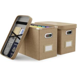 Oterri Hanging Filing File Box with Mesh Pocket, File Organizer Box with Lid, Collapsible Document Organizer Box for Letter Size, Easy Slide Durable Storage Box for Office/Decor/Home (2 PCS, Khaki)