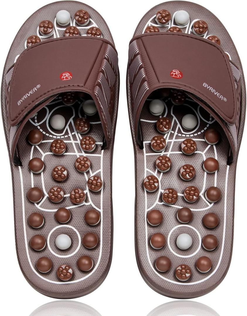BYRIVER Acupressure Foot Massage Mat, Reflexology Tools, Spiky Ball Roller Therapy Sandals Shoes Slippers, Relief Muscle Fatigue, Sciatica, Heel, Lower Back Pain (03L) (L-Men(9.5-11), Brown Spring Slippers)
