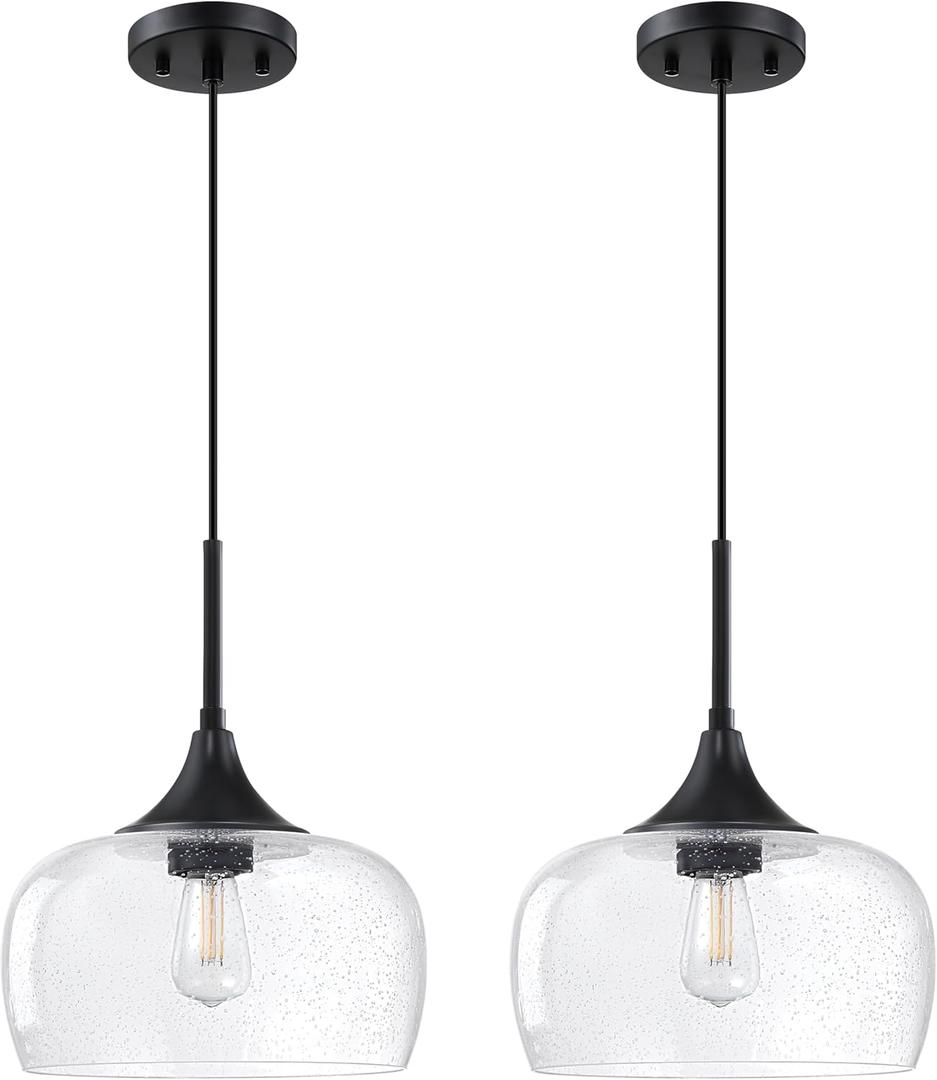 2 Pack 1 Light Indoor Kitchen Island Pendant Ceiling Light 10" Clear Seeded Glass Shade Fixture,Adjustable Cord Black Finish for Bar,Dining Room,Over Sink Bedside